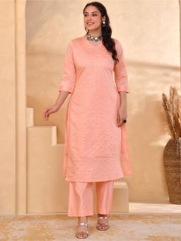 ARAMYA - Peach Chanderi Three Fourth Sleeves V-Neck Embellished Kurta With Pants