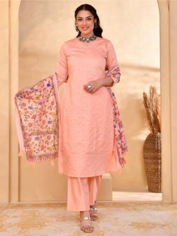 ARAMYA - Peach Chanderi Three Fourth Sleeves V-Neck Embellished Kurta With Pants & Dupatta