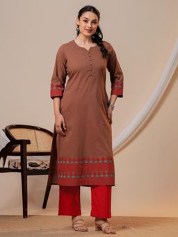 ARAMYA - Brown Cotton Three Fourth Sleeves Round Neck Plain Kurta With Pants