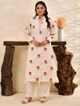 ARAMYA - Off White Cotton Linen Full Sleeves Mandarin Neck Embroidered Kurta With Pants
