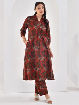 ARAMYA - Maroon Cotton Three Fourth Sleeves V-Neck Printed Kurta With Pants
