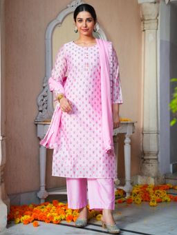 ARAMYA - Pink Chanderi Three Fourth Sleeves Round Neck Printed Kurta With Pants & Dupatta