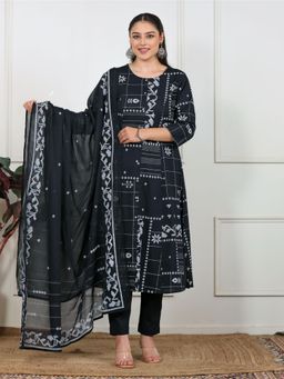 ARAMYA - Black Cotton Three Fourth Sleeves Round Neck Printed Kurta With Pants & Dupatta