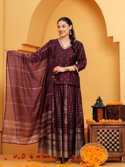 ARAMYA - Maroon Chanderi Three Fourth Sleeves V-Neck Woven Kurta With Skirts & Dupatta