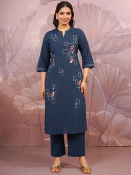 ARAMYA - Blue Dobby Three Fourth Sleeves Mandarin Neck Embroidered Kurta With Pants
