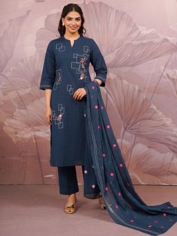 ARAMYA - Blue Dobby Three Fourth Sleeves Mandarin Neck Embroidered Kurta With Pants & Dupatta