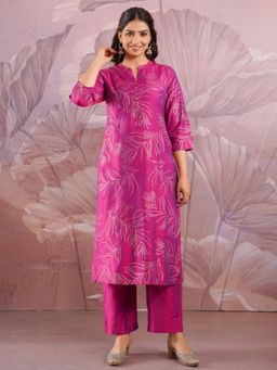 ARAMYA - Chanderi Straight Gold Foil Print Mandarin Neck Printed Kurta With Pants