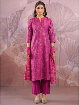 ARAMYA - Chanderi Straight Gold Foil Print Mandarin Neck Printed Kurta With Pants & Dupatta