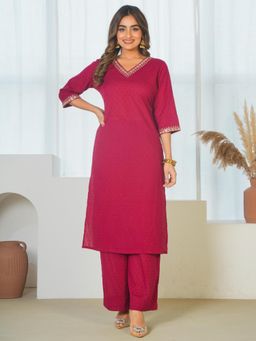 ARAMYA - Magenta Dobby Three Fourth Sleeves V-Neck Embroidered Kurta With Pants