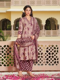 ARAMYA - Purple Cotton Three Fourth Sleeves V-Neck Printed Kurta With Pants & Dupatta