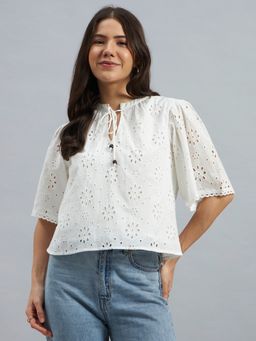 Twenty Dresses by Nykaa Fashion - White Tie-Up Neck White Cotton Schiffli Top