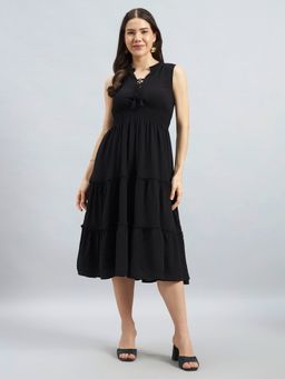 Twenty Dresses by Nykaa Fashion - Black Solid Poly Lycra Tiered Sleeveless Midi Dress