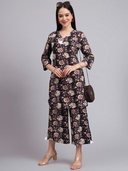 Aayusika - Black Cotton Three Fourth Sleeves V-Neck Floral Co-ord Set
