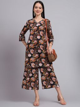 Aayusika - Black Cotton Three Fourth Sleeves V-Neck Floral Co-ord Set