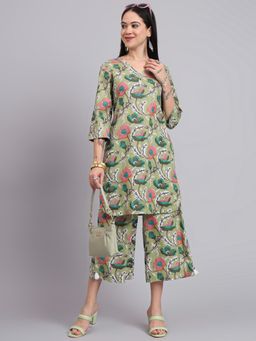 Aayusika - Green Cotton Three Fourth Sleeves V-Neck Floral Co-ord Set