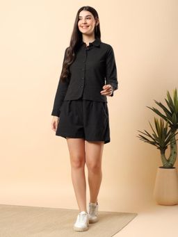 Aayusika - Black Cotton Flex Full Sleeves Collar Neck Solid Co-ord Set