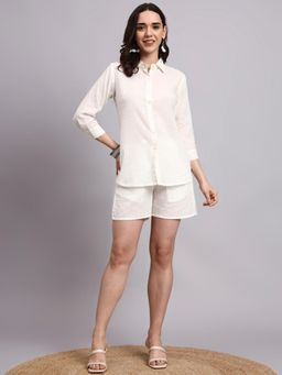 Aayusika - White Cotton Blend Three Fourth Sleeves Collar Neck Stripes Co-ord Set