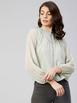 Carlton London - Women Casual Green Colour High Neck Solid Regular Top