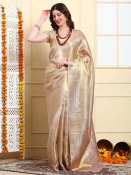 Dress & Dazzle - Gold Tissue Woven Saree with Unstitched Blouse