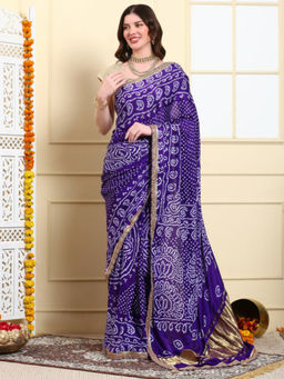 Dress & Dazzle - Mystic Purple Bandhini Saree with Unstitched Blouse