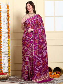 Dress & Dazzle - Gharchola Silk Wine Saree with Unstitched Blouse