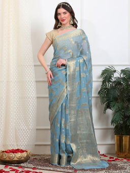 Dress & Dazzle - Georgette Blue Saree with Unstitched Blouse
