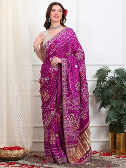 Dress & Dazzle - Purple Bandhini Silk Saree with Unstitched Blouse