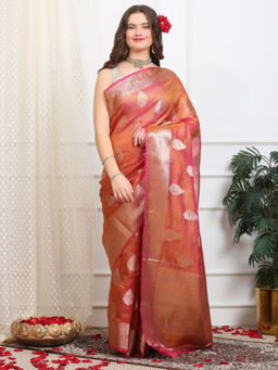 Dress & Dazzle - Orange Tissue Woven Saree with Unstitched Blouse