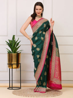 Dress & Dazzle - Green and Pink Katan Silk Saree with Unstitched Blouse