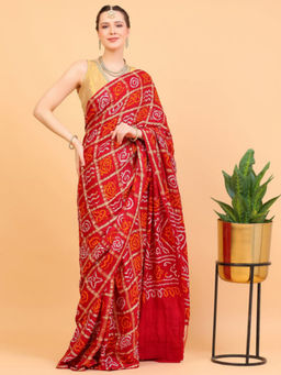 Dress & Dazzle - Red Gharchola Gaji Silk Saree with Stitched Blouse