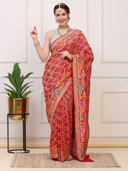 Dress & Dazzle - Red Khadi Georgette Banarasi Bandhej Saree with Unstitched Blouse