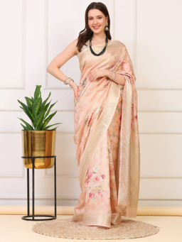 Dress & Dazzle - Peach Organza Woven Saree with Unstitched Blouse
