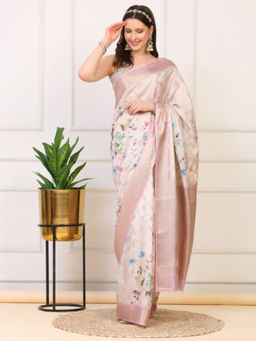 Dress & Dazzle - Pink Organza Floral Saree with Unstitched Blouse