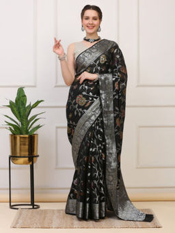Dress & Dazzle - Black Banarasi Organza Saree with Stitched Blouse