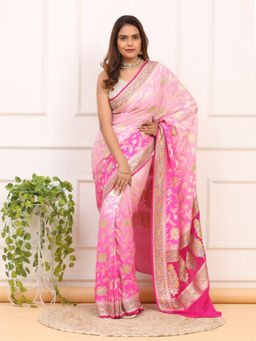Dress & Dazzle - Pink Georgette Silk Woven Saree with Unstitched Blouse
