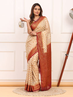 Dress & Dazzle - Cream Red Banarasi Organza Saree with Unstitched Blouse