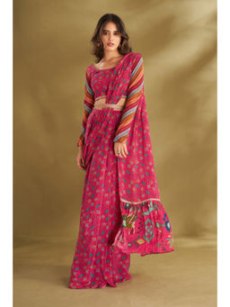 AFFROZ - Printed and Embroidered Hot Pink Pre-draped Saree with Stitched Blouse
