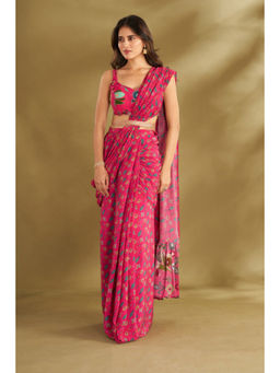 AFFROZ - Hot Pink Printed and Embroidered Pre-draped Saree with Stitched Blouse