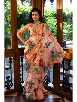 AFFROZ - Dusty Rose Ruffle Saree with Stitched Blouse