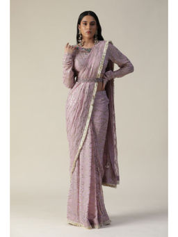 "Two Sisters" by Gyans - Pink Georgette Pre Draped Saree with Stitched Blouse