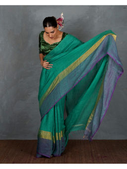 Chidiyaa - Shimmer On Green Handwoven Linen Saree with Unstitched Blouse - Tara