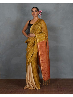 Chidiyaa - Mustard Gold Handwoven Linen Saree with Unstitched Blouse