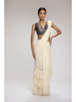 CHHAYA MEHROTRA - Cream Georgette Solid/Plain Pre-draped Saree with Stitched Blouse