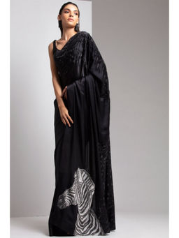 CHHAYA MEHROTRA - Black Satin Animal Print Saree with Stitched Blouse