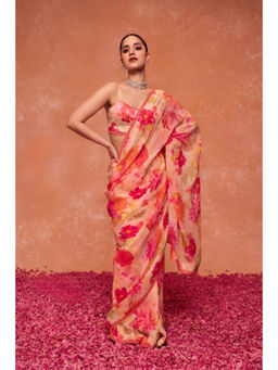 DOHR INDIA - Pink Floral Lace Work Pre-Draped Saree With Unstitched Blouse