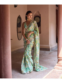 DOHR INDIA - Turquoise Floral Embroidered Pre-Draped Saree With Unstitched Blouse