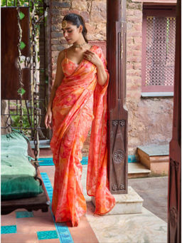 DOHR INDIA - Red Floral Lace Work Pre-Draped Saree With Unstitched Blouse