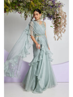 "Two Sisters" by Gyans - Blue Georgette Embellished Pre-draped Saree with Stitched Blouse