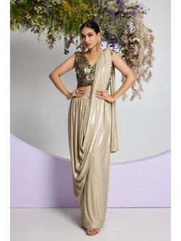"Two Sisters" by Gyans - Gold Lycra Solid/Plain Pre-draped Saree with Stitched Blouse