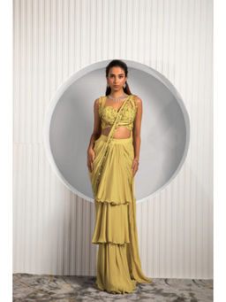 "Two Sisters" by Gyans - The Gold Fusion Saree with Stitched Blouse